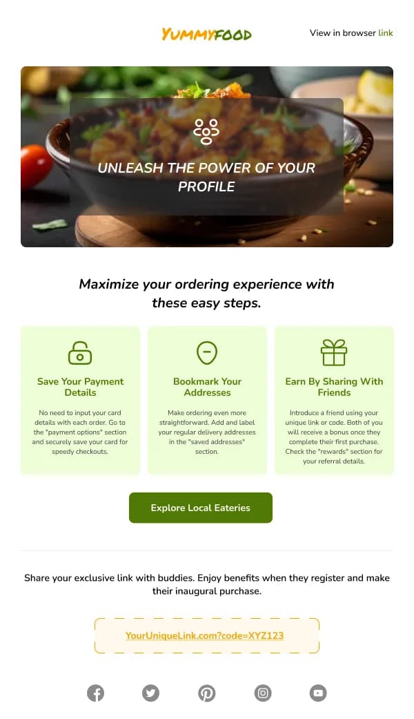 Restaurant-YummyFood Asks To Create A Profile — Activation & Retention email design preview