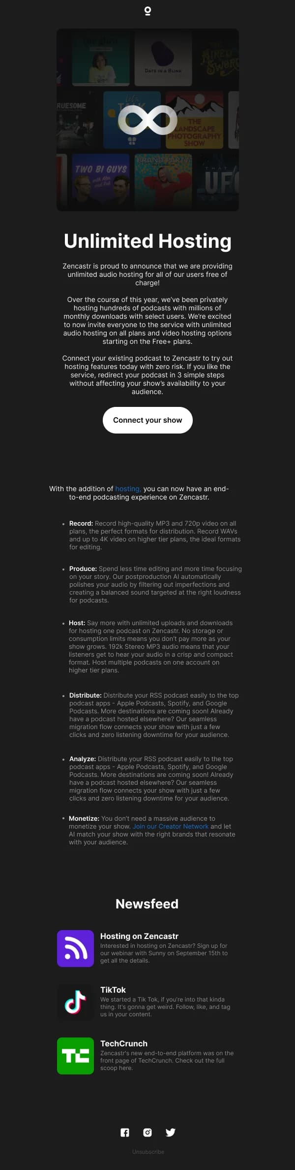 Unlimited Hosting Announcement — Product Promotions & Updates email design preview