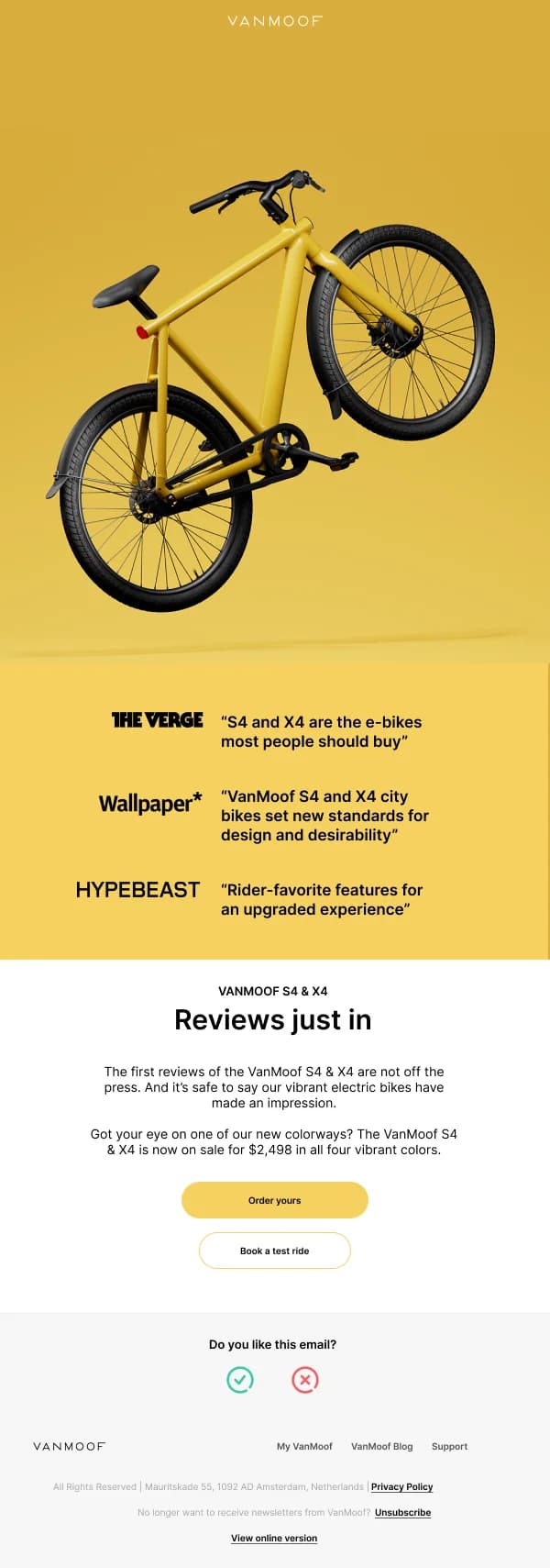 VanMoof S4 & X4 E-Bikes — Product Promotions & Updates email design preview