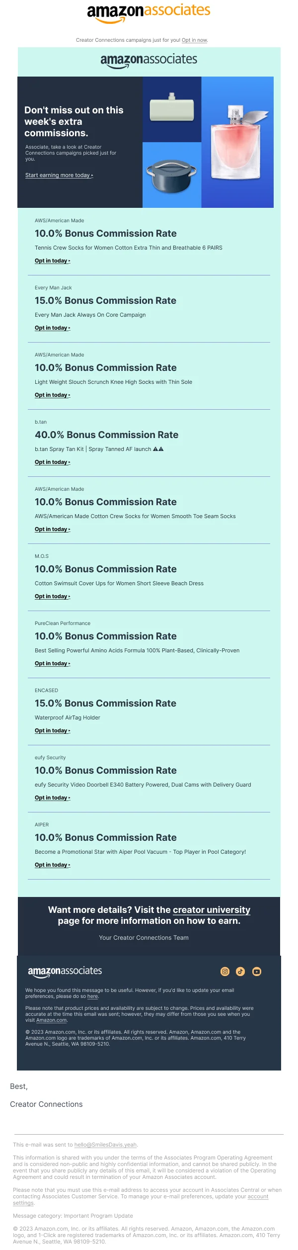 Weekly Bonus Commissions — Product Promotions & Updates email design preview