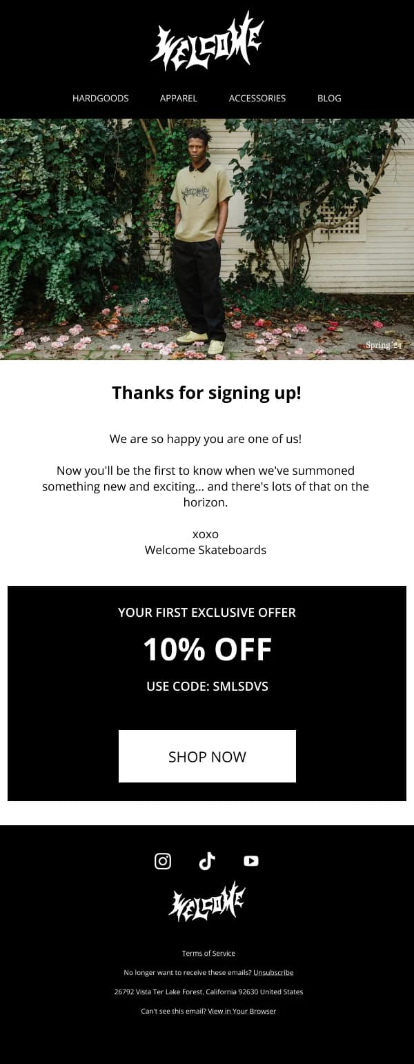 Welcome Skateboards Signup Thank You — Activation & Retention email design preview