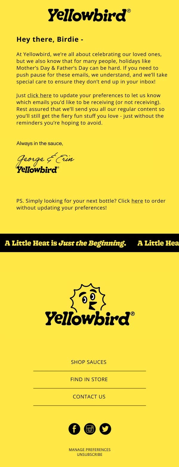 Yellowbird Holiday Email Preferences — Notifications & Acknowledgement email design preview